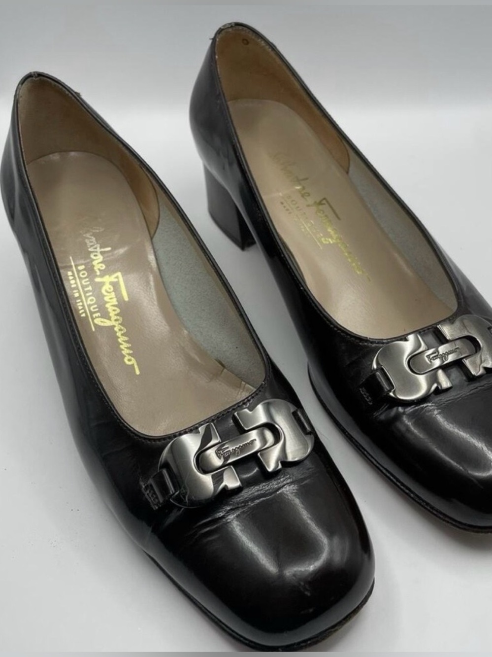 Salvatore Ferragamo Black Leather Block Heel Pumps